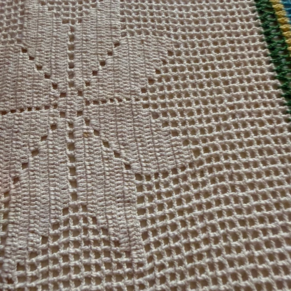 Vintage Handmade Crochet Bedspread Star Pattern Pink Rose Floral TWIN XL